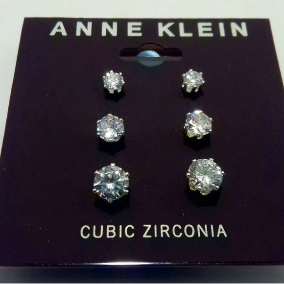 Anne Klein Silver & White Zirconia Stud Earrings Bundle Set - Picture 2 of 3